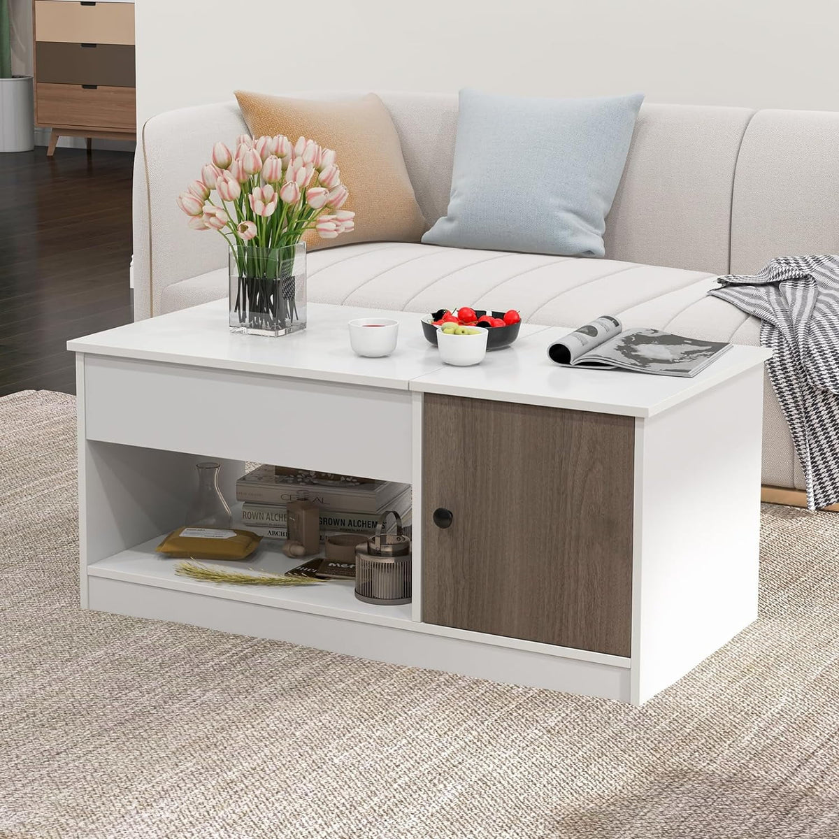 Lift-Top Coffee Table with Compartments Wood Rectangular D412