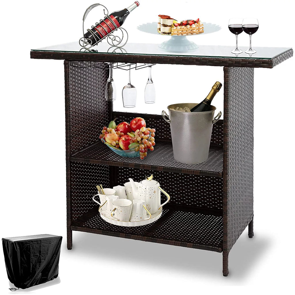 Outdoor Patio Rattan Wicker Bar Counter Table Tempered Glass Tabletop N1147