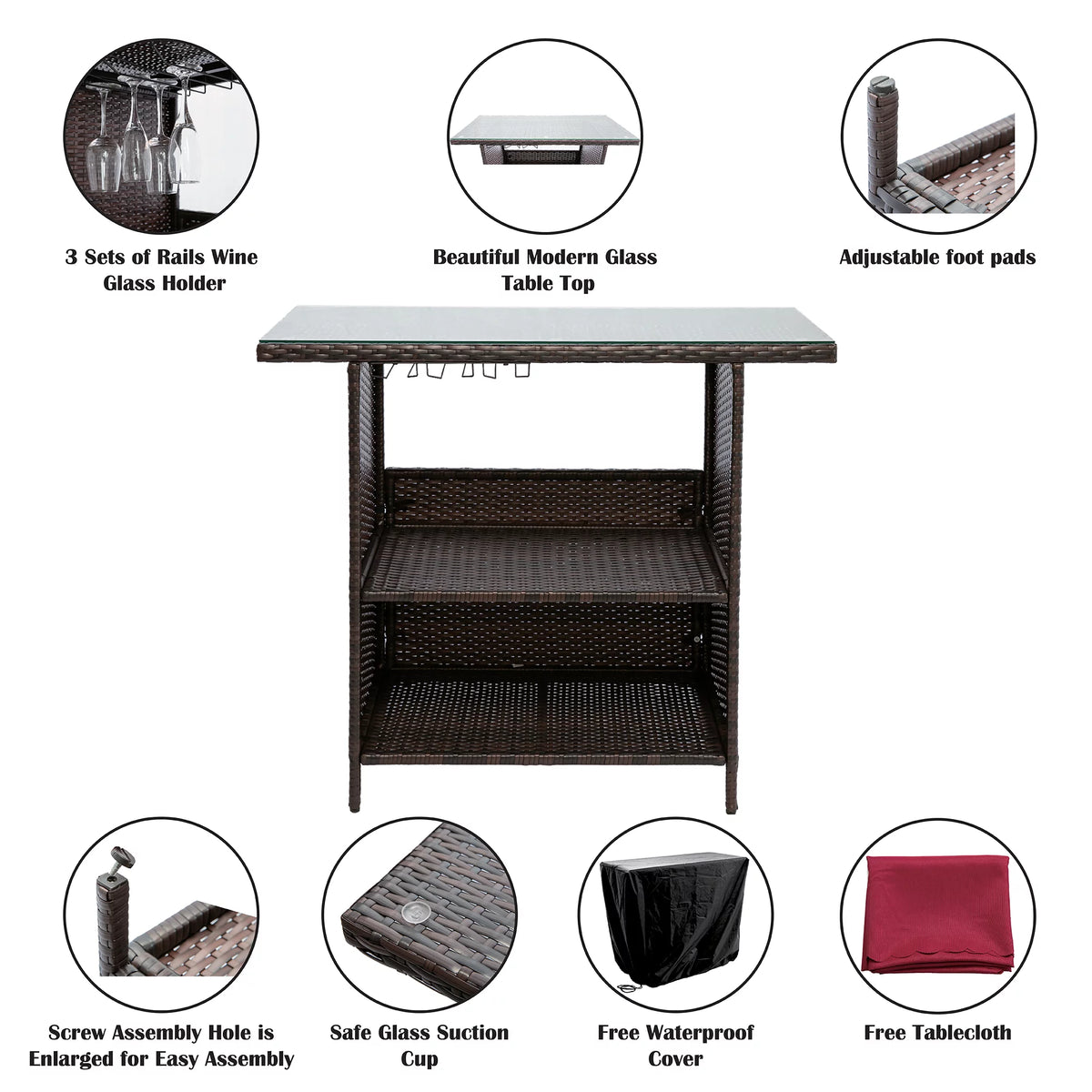 Outdoor Patio Rattan Wicker Bar Counter Table Tempered Glass Tabletop N1147