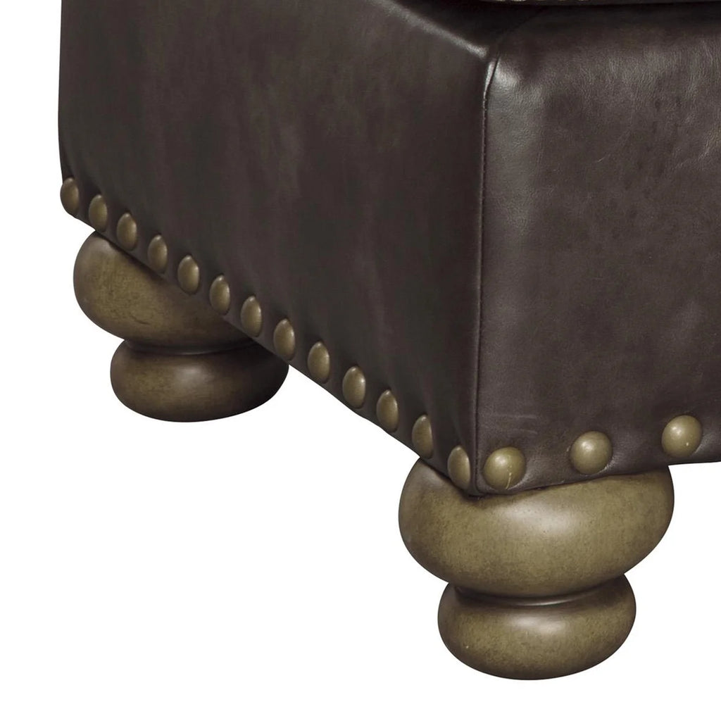 Brown Wooden Ottoman with Nailhead Trims and Bun Feet F9989
