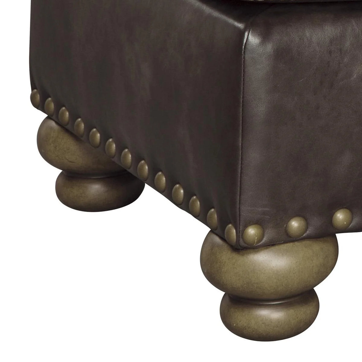Brown Wooden Ottoman with Nailhead Trims and Bun Feet F9989