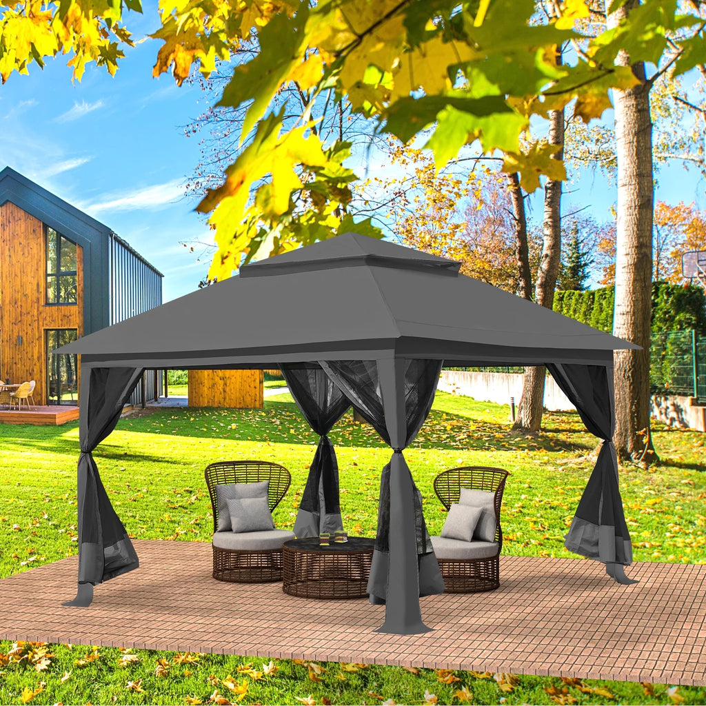 13 x13 ft Pop up Gazebo Canopy Shelter with Mosquito Netting, Brown Q4316