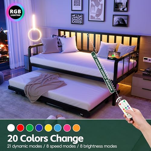Black Metal Daybed with Trundle and Charging Station B3747