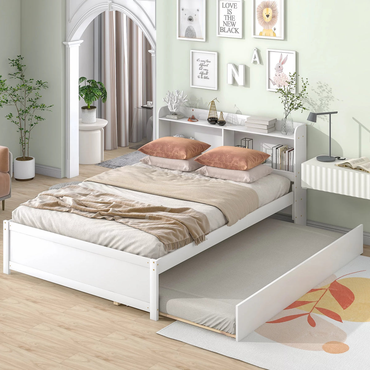 Twin Bed Frame with Trundle and Storage Bookcase B26661