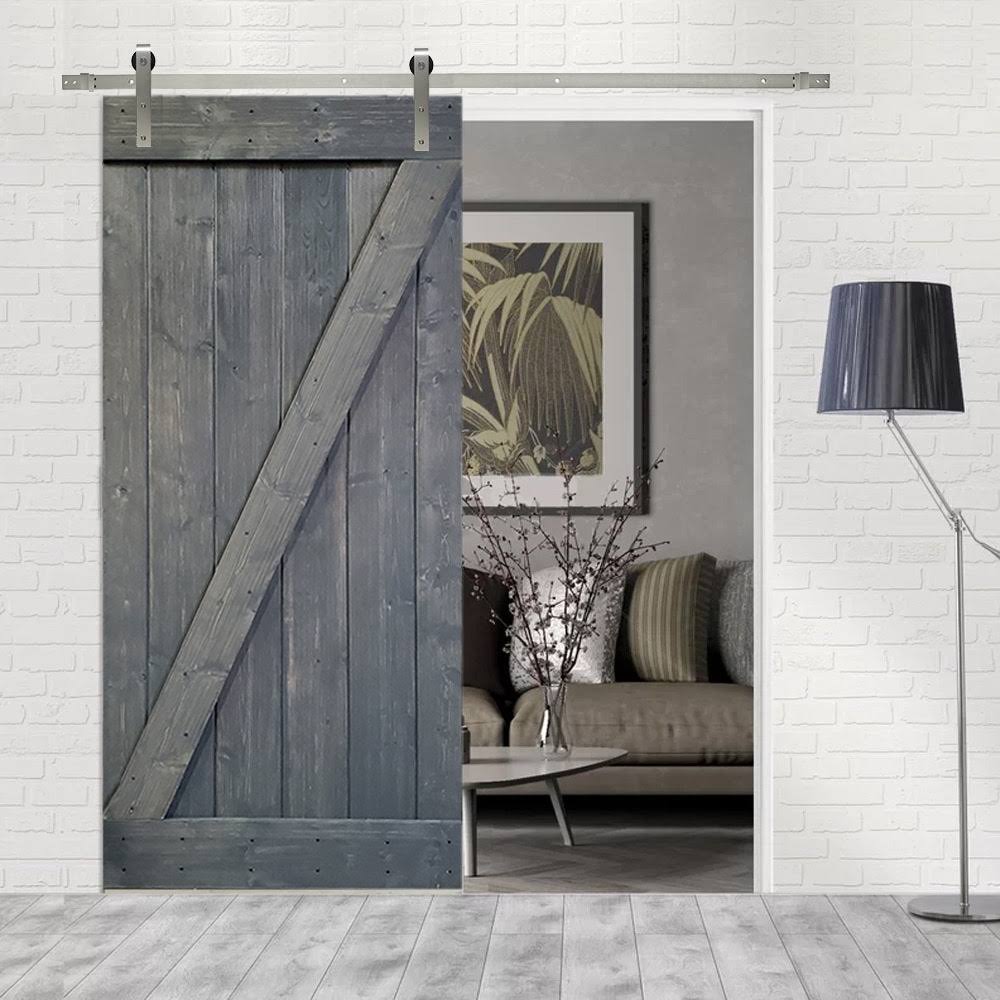 Gray Knotty Pine Wood Interior Sliding Barn Door with Hardware Kit O1628