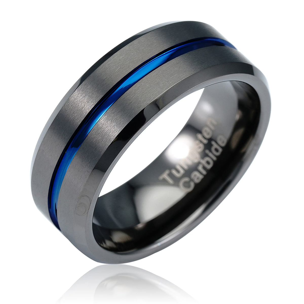 Gunmetal Gray Tungsten Ring Blue Groove Line Wedding Band Size 6.5 U508378
