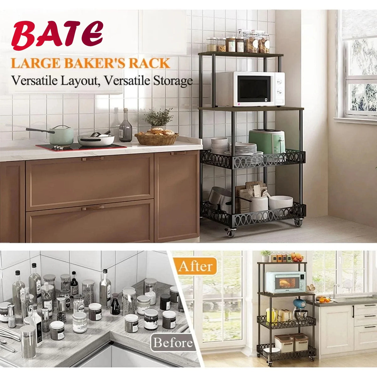 4-Tier Baker's Rack 48 inch Kitchen Storage Organizer with Metal Wheels D3400