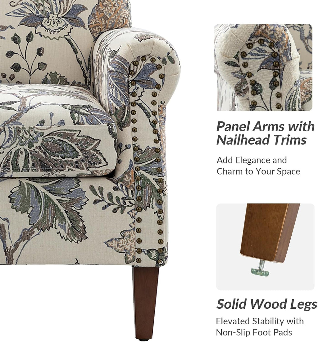 Accent Chair Set Of 2 With Wood Legs & Removable Cushion, Upholstered Armchair, Floral Design, GREY S304007