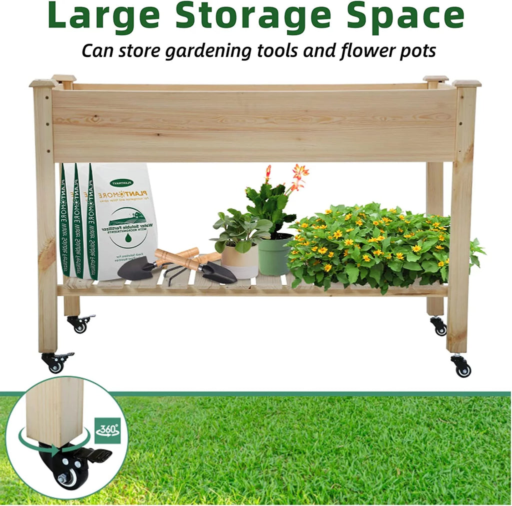 Raised Wood Garden Bed with Wheels and Storage Shelf N205535