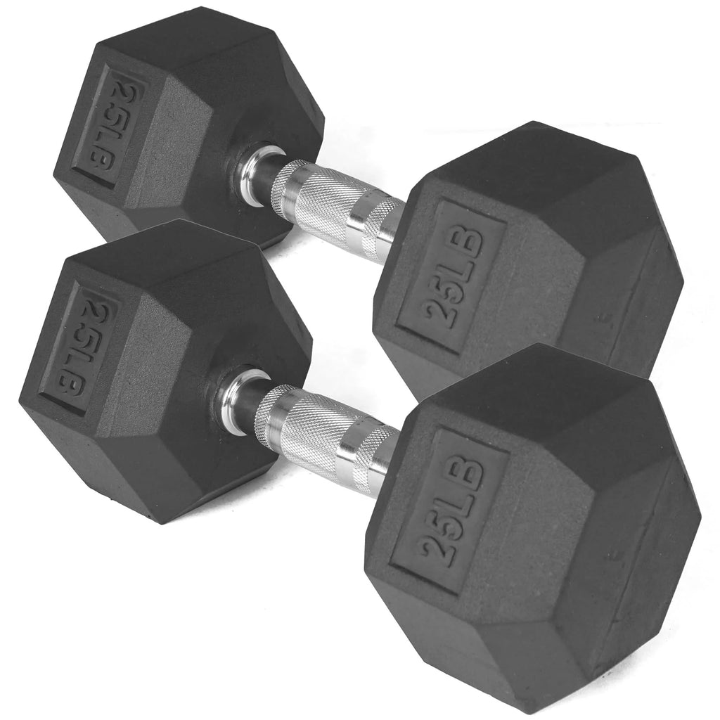 Pair of 25 lb Black Rubber Coated Hex Dumbbells I33712