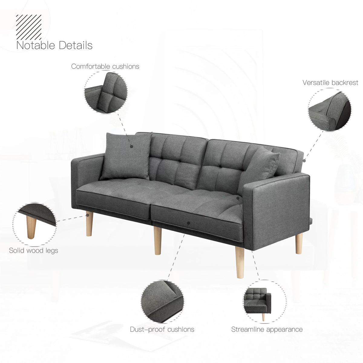 71.3 inch Futon Sofa Bed Convertible Sleeper Couch with 2 Pillows Navy Blue J175319