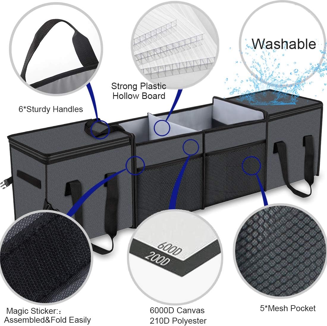 Car Trunk Organizer with Insulation Cooler Bags, Collapsible Portable, 4 Compartments Convertible, Washable E355