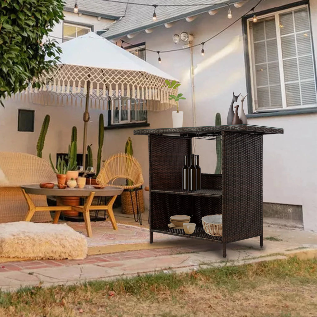Outdoor Patio Rattan Wicker Bar Counter Table Tempered Glass Tabletop N1147