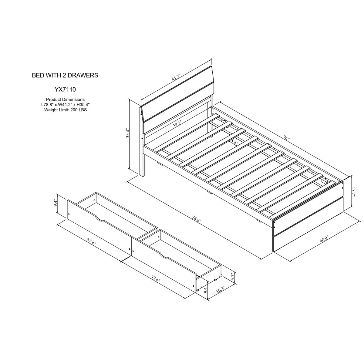 Twin Bed Frame with 2 Drawers V12843