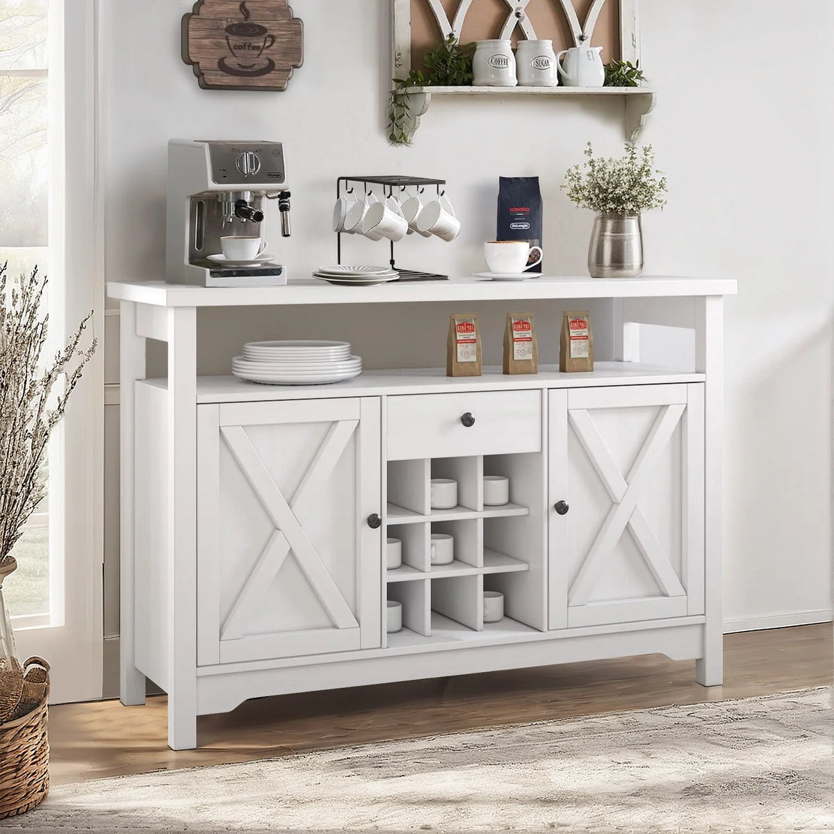 White 47 Kitchen Buffet Storage Cabinet with Barn Door H849