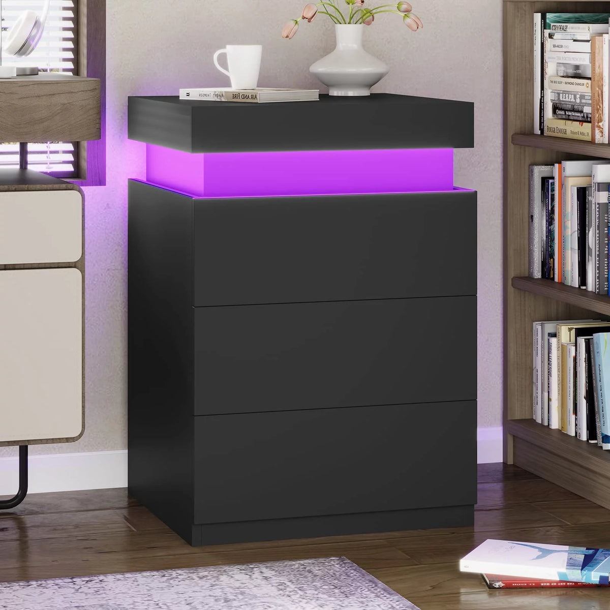 Black LED Nightstands Set of 2 with Charging Station and 3 Drawers E3497
