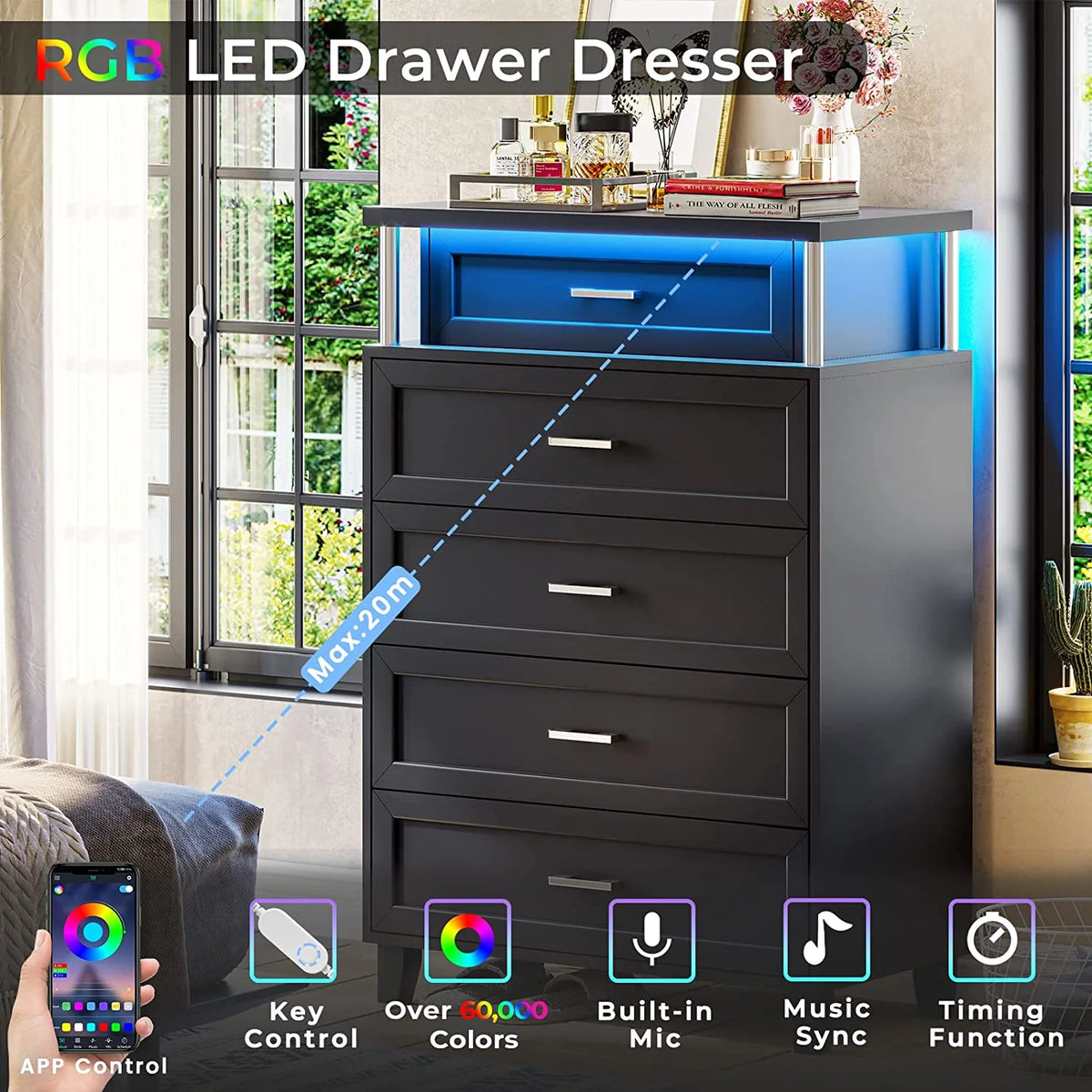 Black 5 Drawers Wood Dresser with LED Light V112659