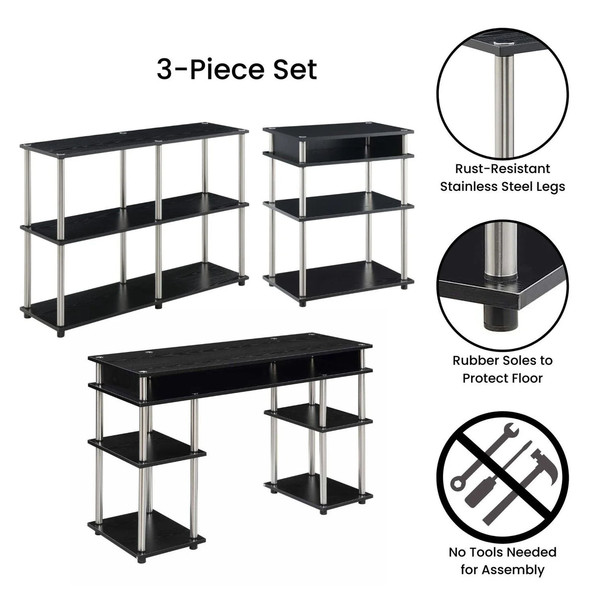 Black Desk with Printer Stand and Console Table Set P2248