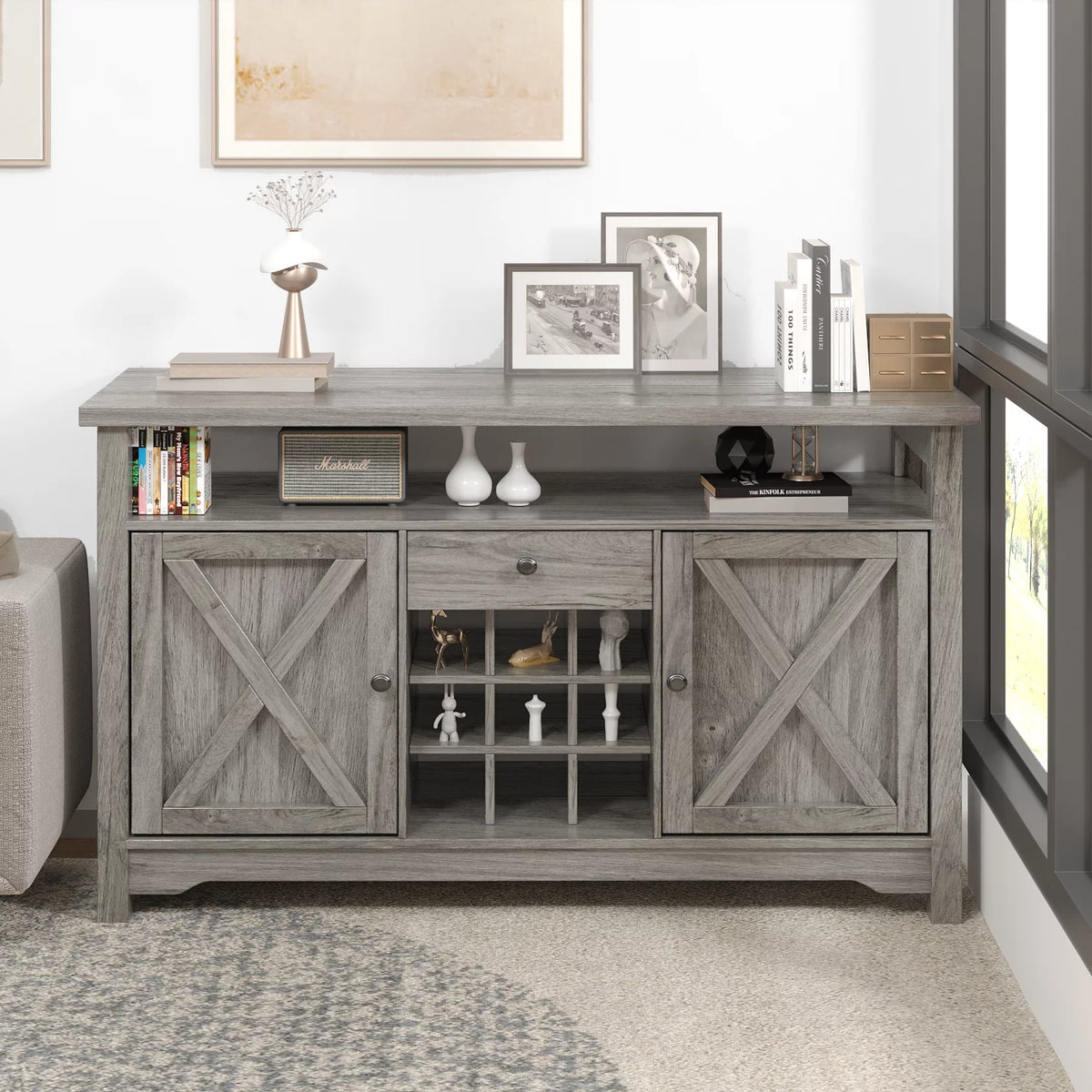 White 47 Kitchen Buffet Storage Cabinet with Barn Door H849